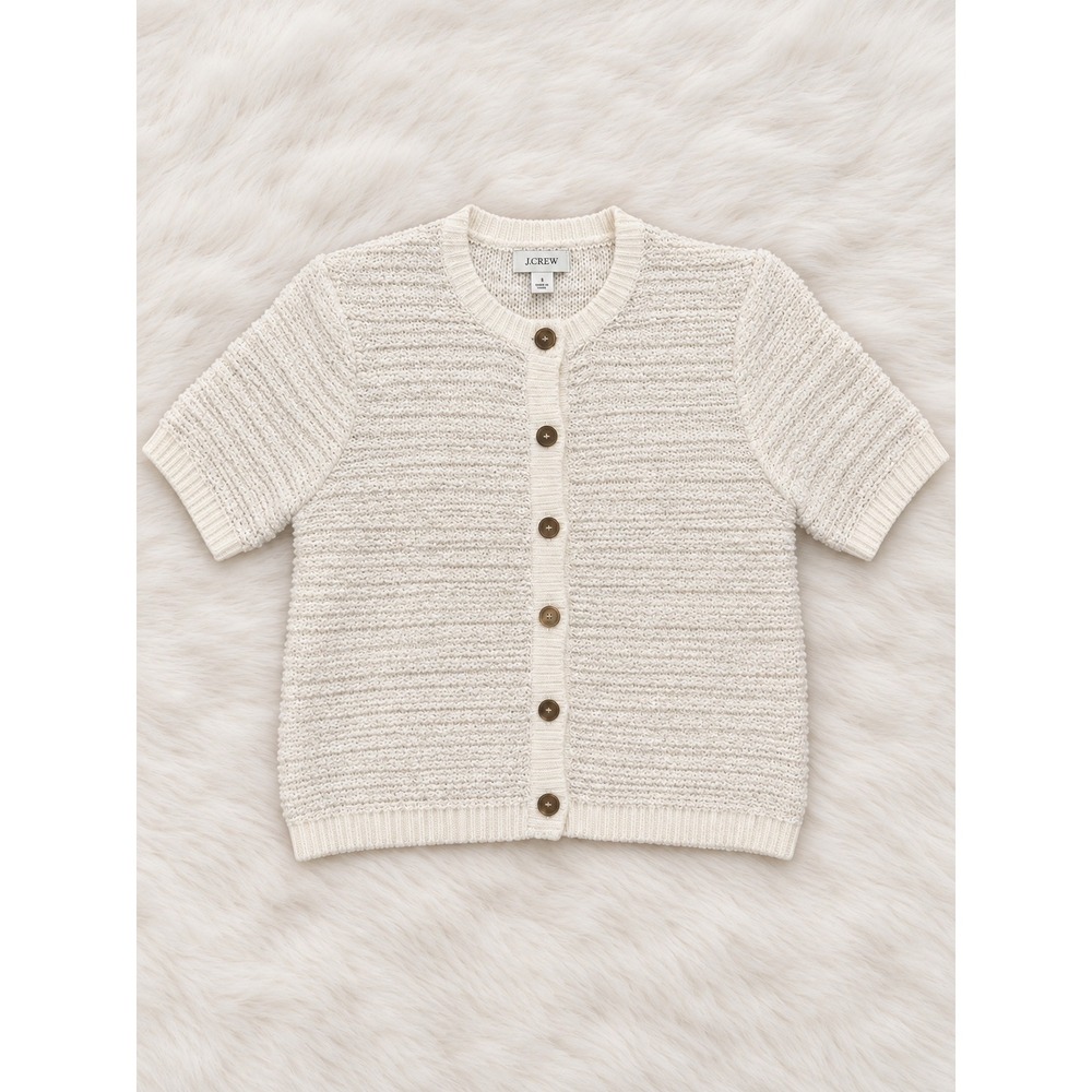 J.Crew Ivory Textured Knit Cardigan Sweater Metallic Short Sleeve Button Up